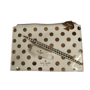 Kate Spade NWOT Polka Dot Print Patent Leatherette Pencil Pouch in Ivory & Gold